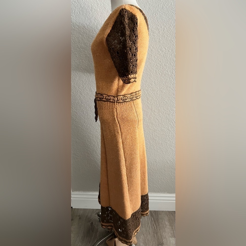 Handmade Knit Vintage A line Dress size M 6/8 dark yellow brown w belt - Picture 3 of 6